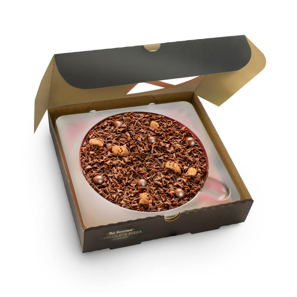 7 Inch Delightfully Dark Chocolate Pizza Presented in a pizza box